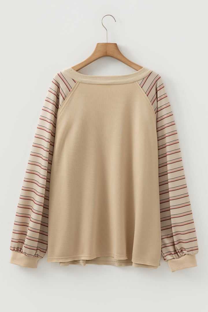 Parchment Striped Notched Neck Raw Edge Plus Size Jumper