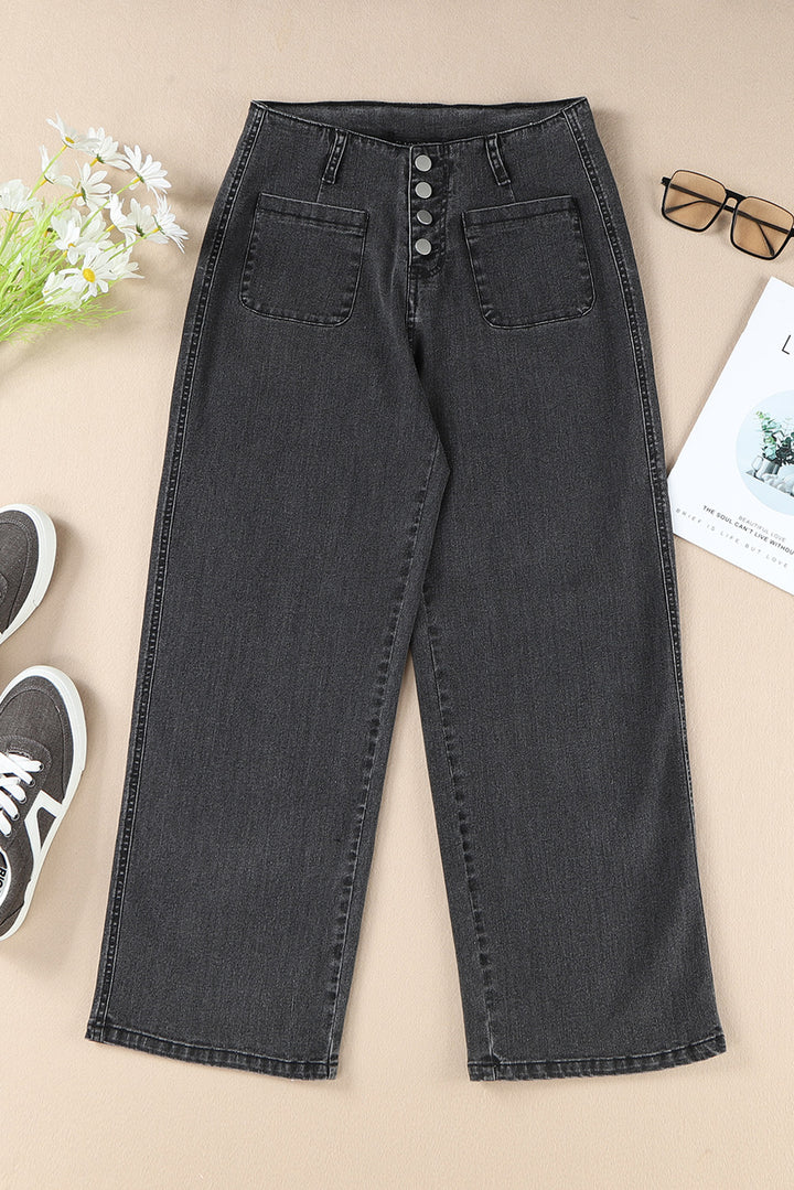 Gray High Waist Button Front Wide Leg Cropped Jeans