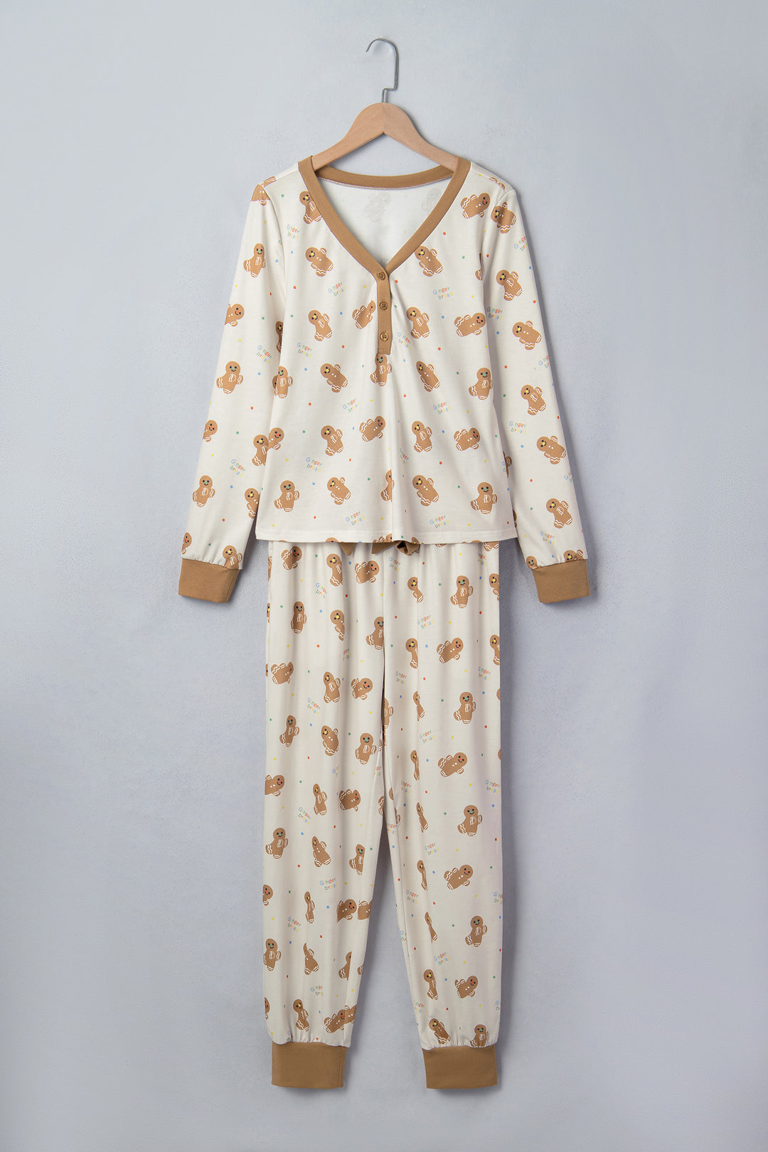 Khaki Abstract Gingerbread Print Colorblock Long Sleeve Two Piece Lounge Set