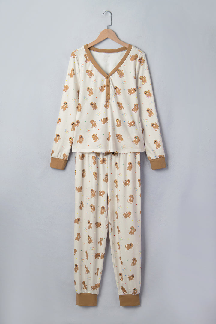 Khaki Abstract Gingerbread Print Colorblock Long Sleeve Two Piece Lounge Set