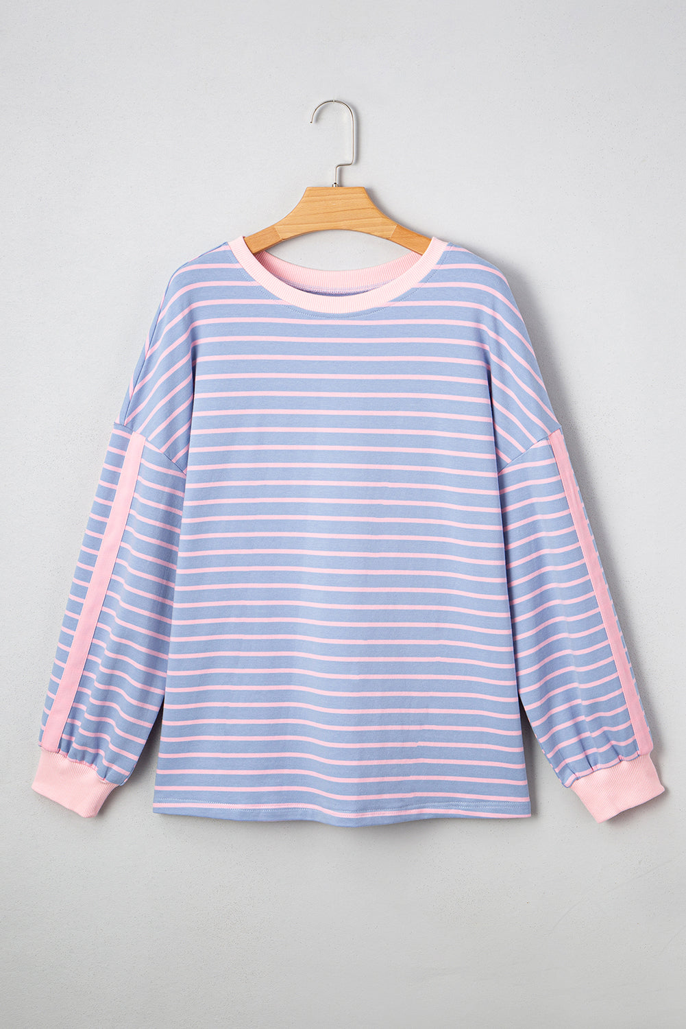 Sky Blue Stripe Oversize Contrast Trim Cotton Casual Top