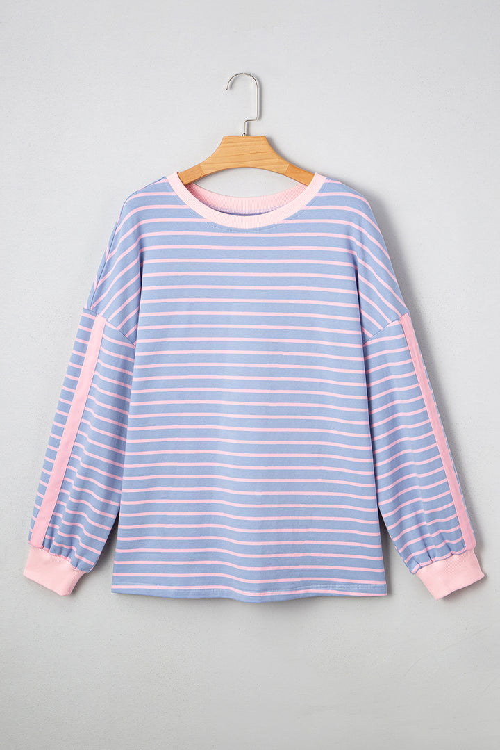 Sky Blue Stripe Oversize Contrast Trim Cotton Casual Top