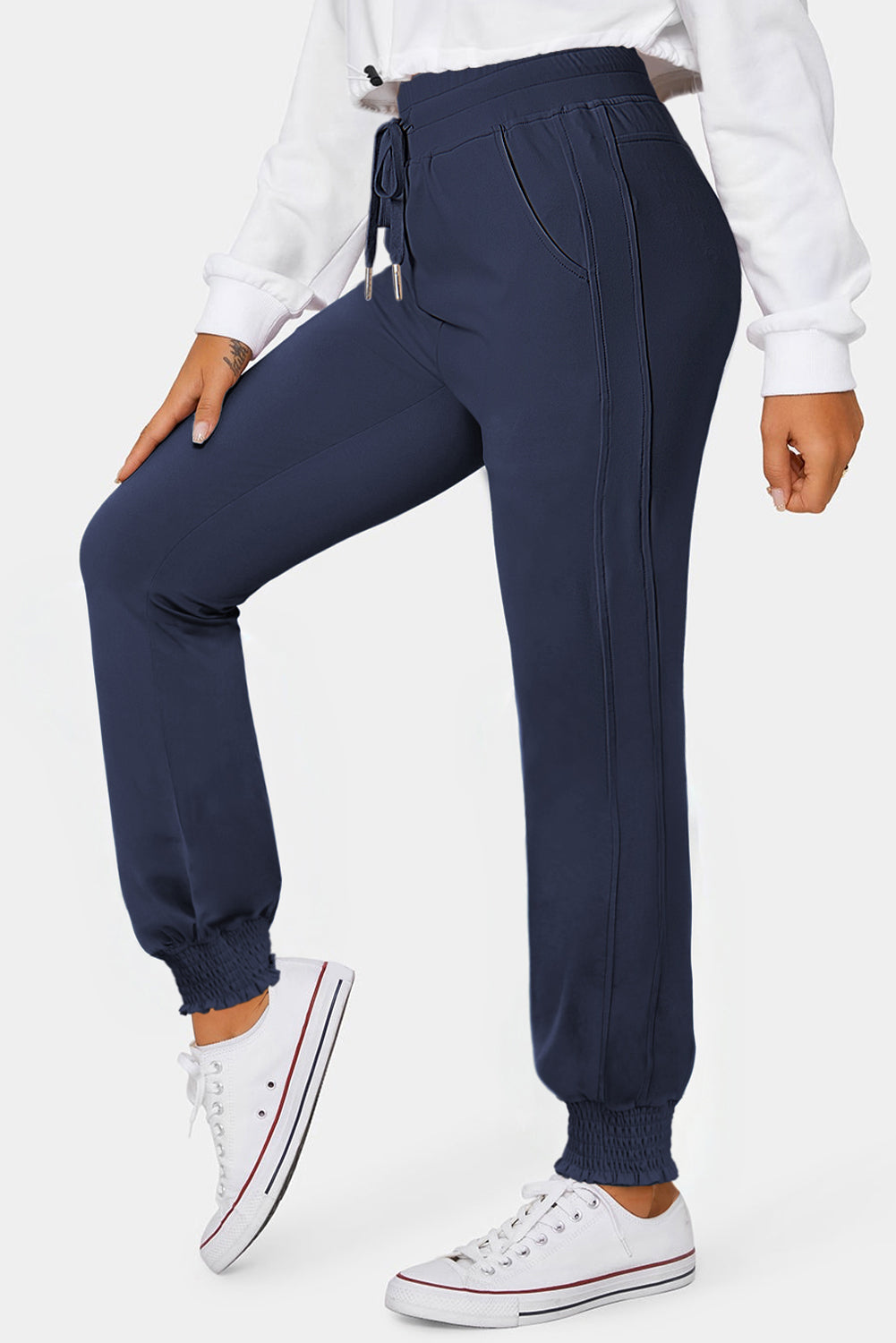 Navy Blue Drawstring Elastic Waist Smocked Jogger Pants