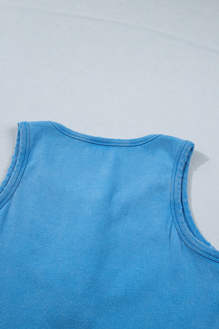 Blue Vintage Distressed Ribbed Mineral Wash Tank Top