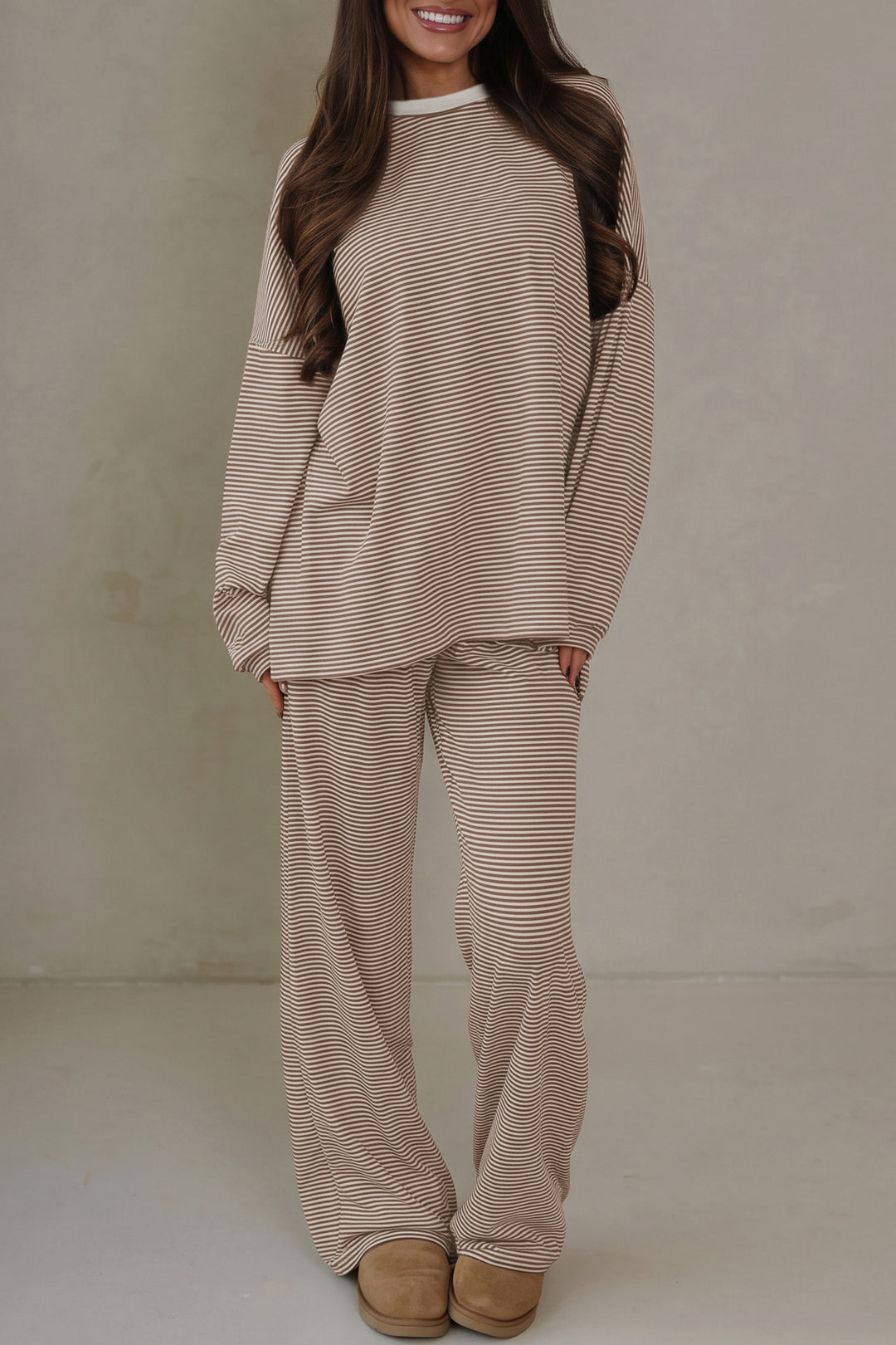 Beige Stripe Contrast Trim Round Neck Oversize Long Sleeve Top 2pcs Pant Set