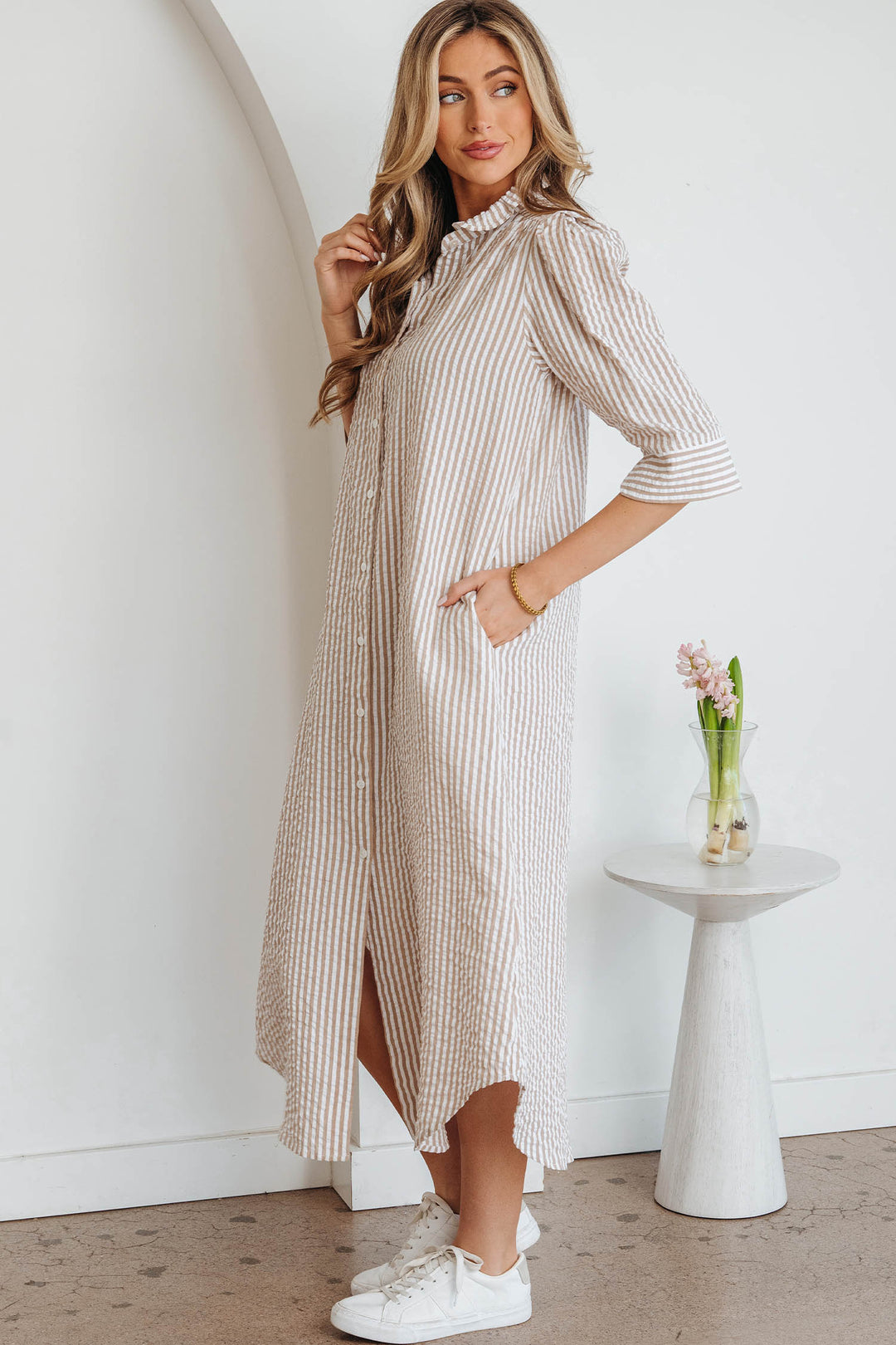 Frilled Collar Half Sleeve Shirt Maxi Dress