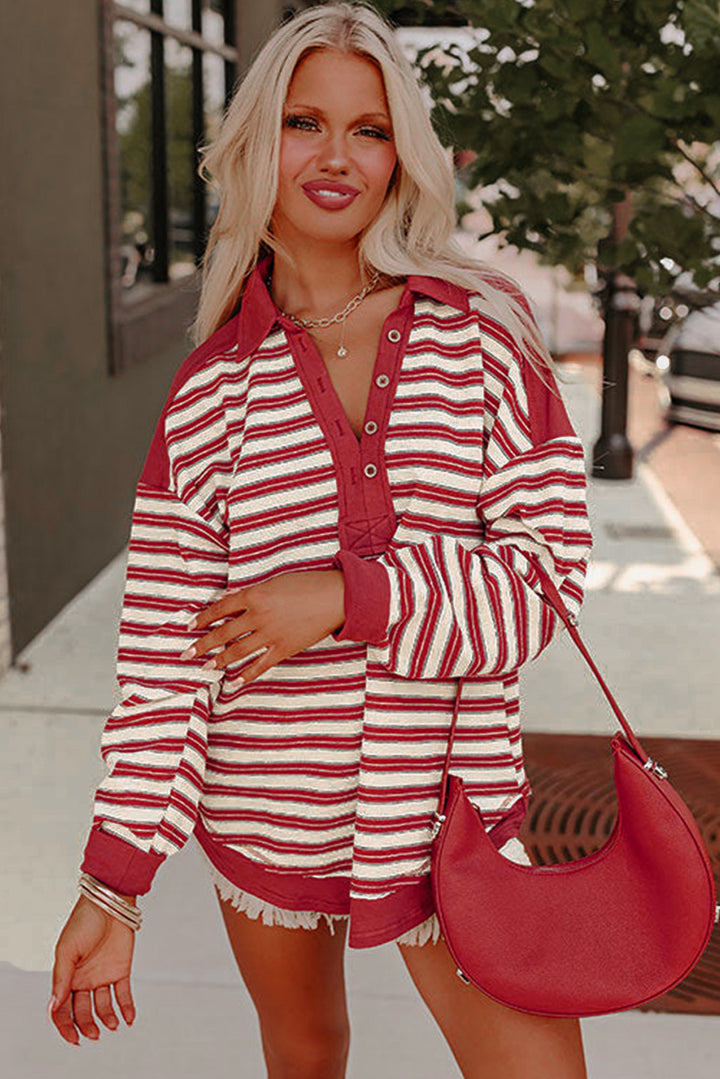 Buttoned V Neck Collared Drop Shoulder Top