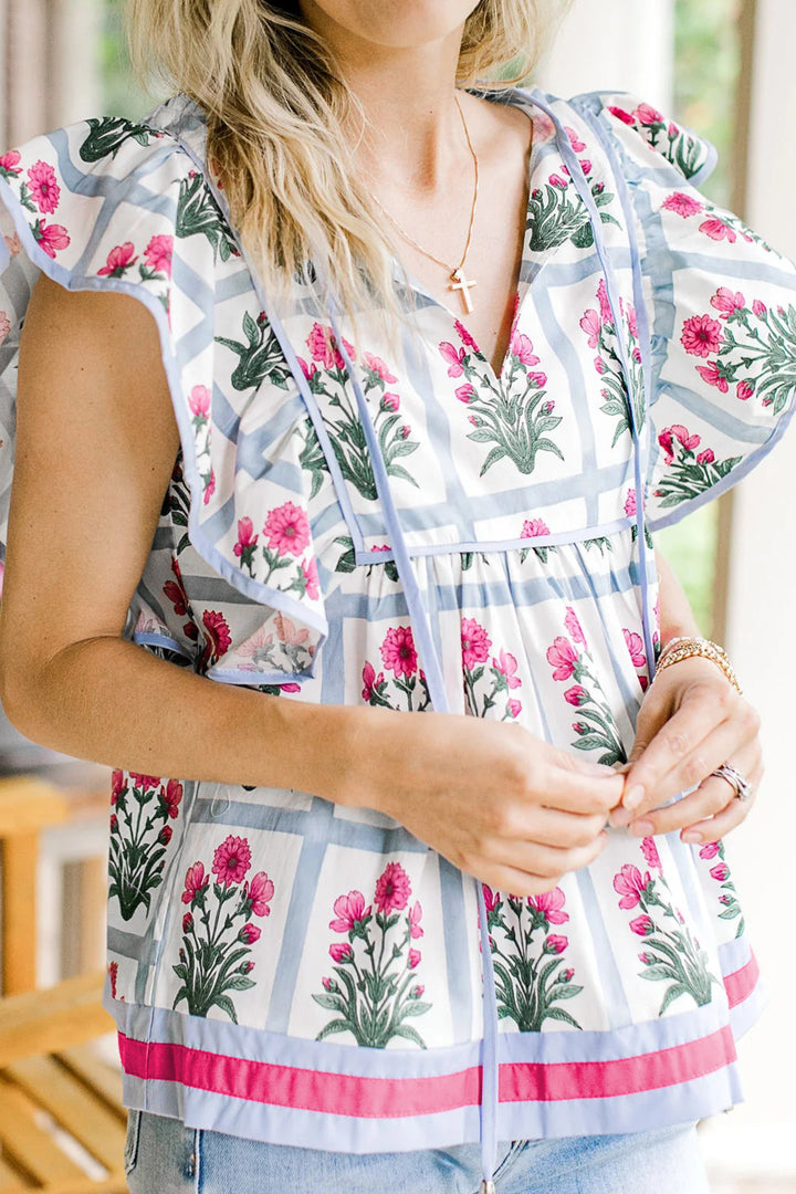 Pink Floral Flutter Sleeve Split V Neck Top