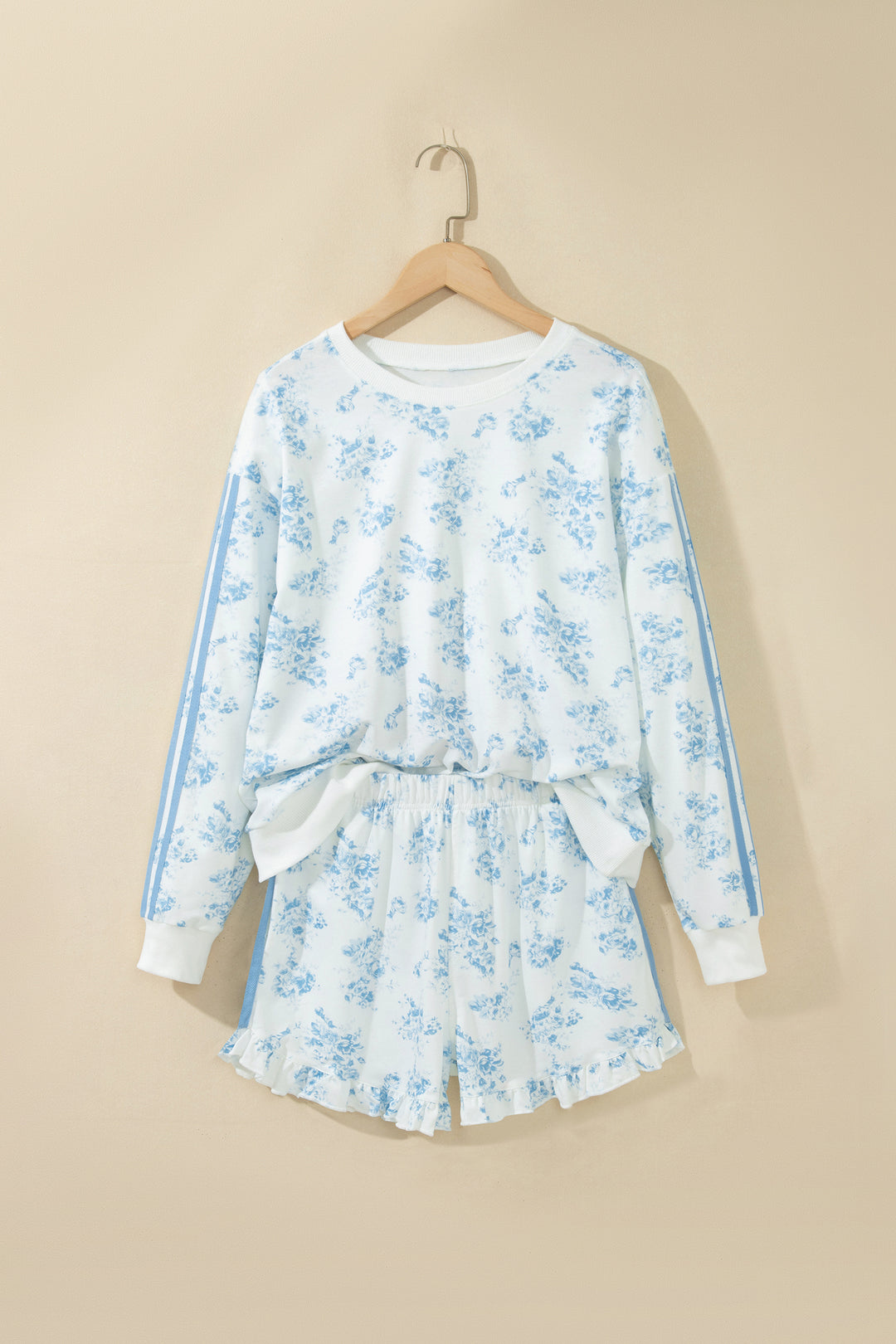 Sky Blue Floral Print Long Sleeve Top Ruffle Hem Shorts 2pcs Set