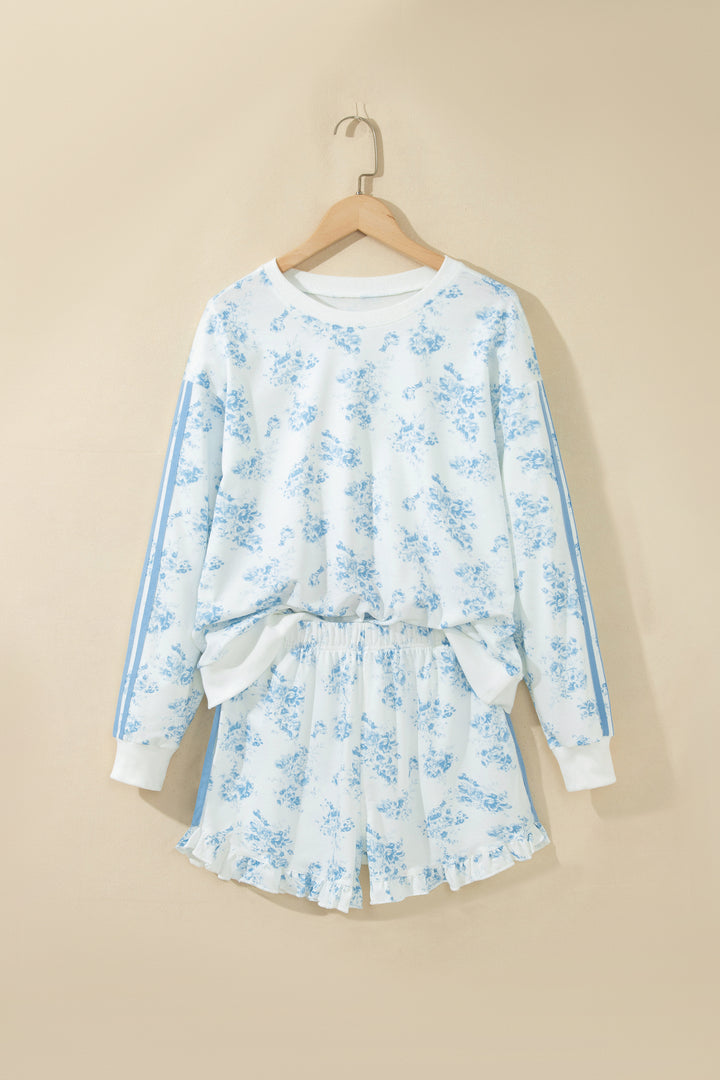 Sky Blue Floral Print Long Sleeve Top Ruffle Hem Shorts 2pcs Set
