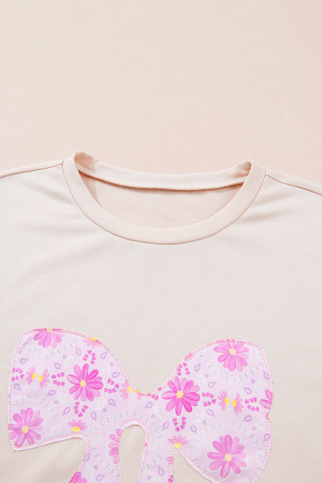 Apricot Daisy Floral Bow Contrast Patchwork Loose T Shirt