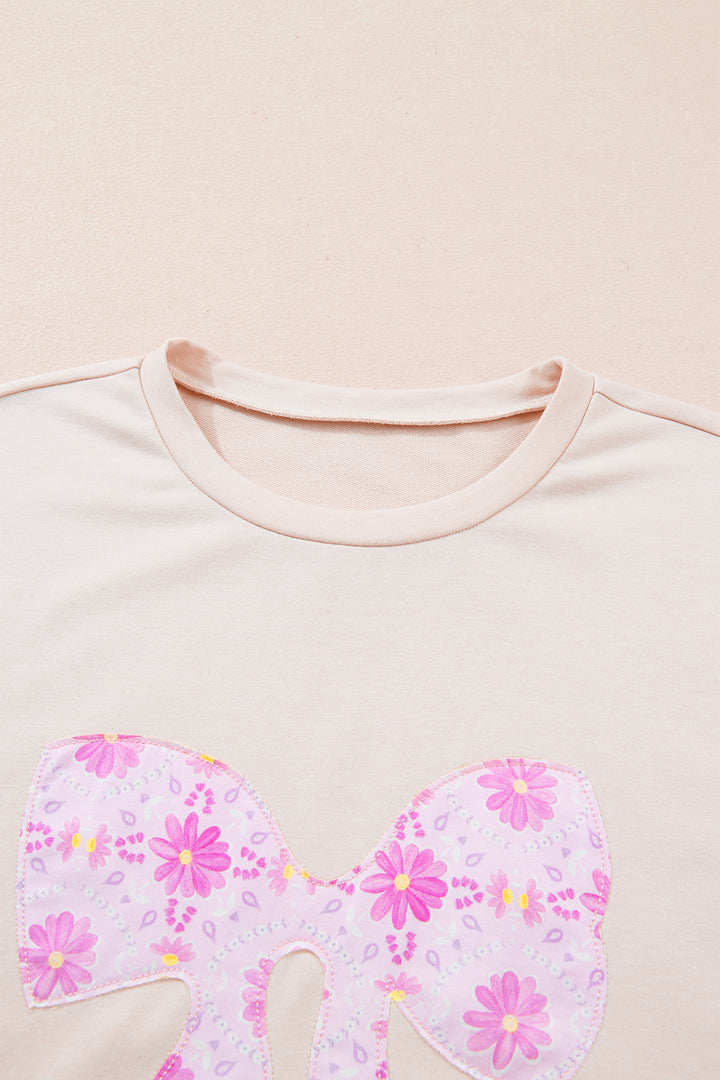 Apricot Daisy Floral Bow Contrast Patchwork Loose T Shirt