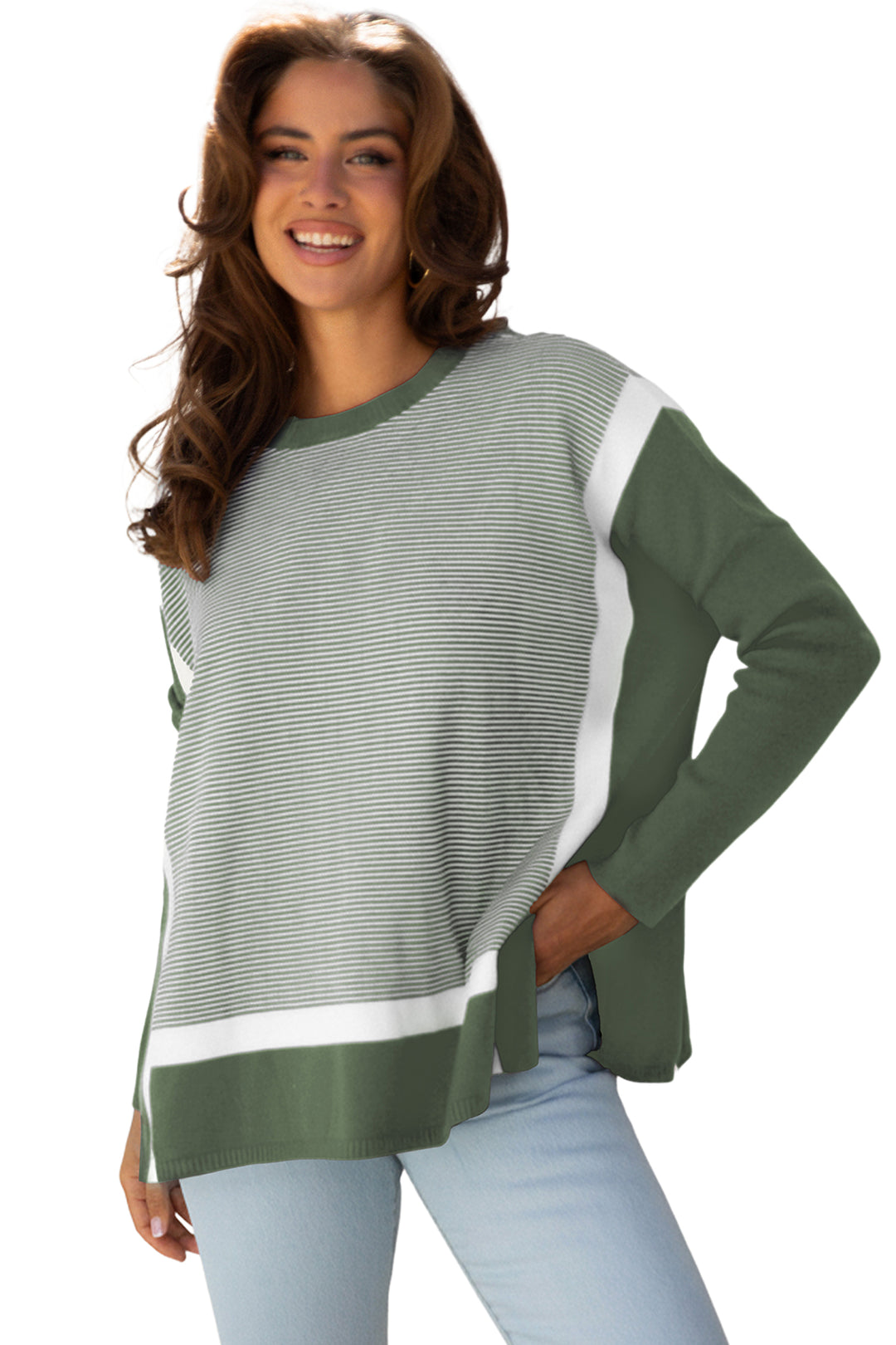 Green Stripe Color Block Patchwork Dolman Oversize Tunic Sweater