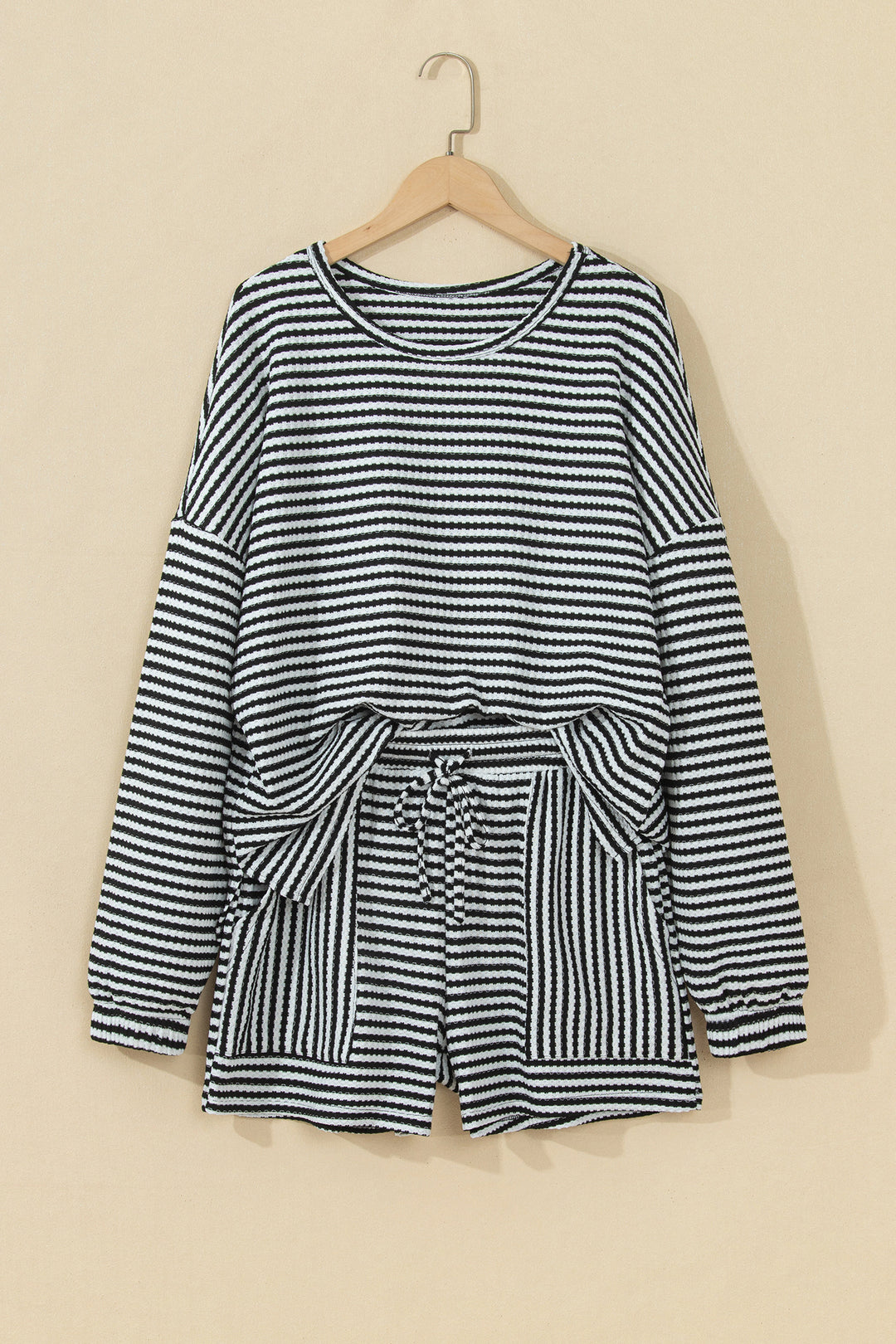 Black Stripe Textured Knit Long Sleeve Top Elastic Waist Shorts Casual Outfit