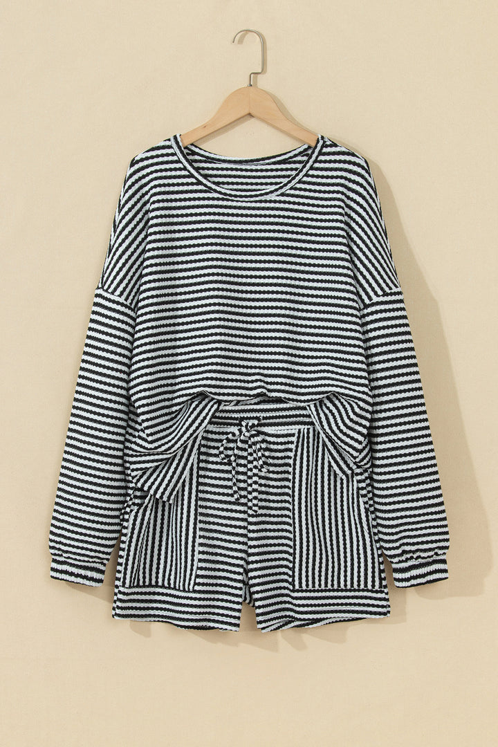 Black Stripe Textured Knit Long Sleeve Top Elastic Waist Shorts Casual Outfit
