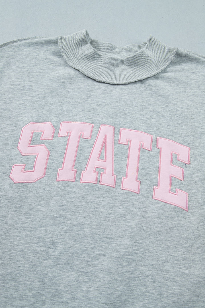 Light Grey  Mock Neck Letter Embroidered Loose Sweatshirt