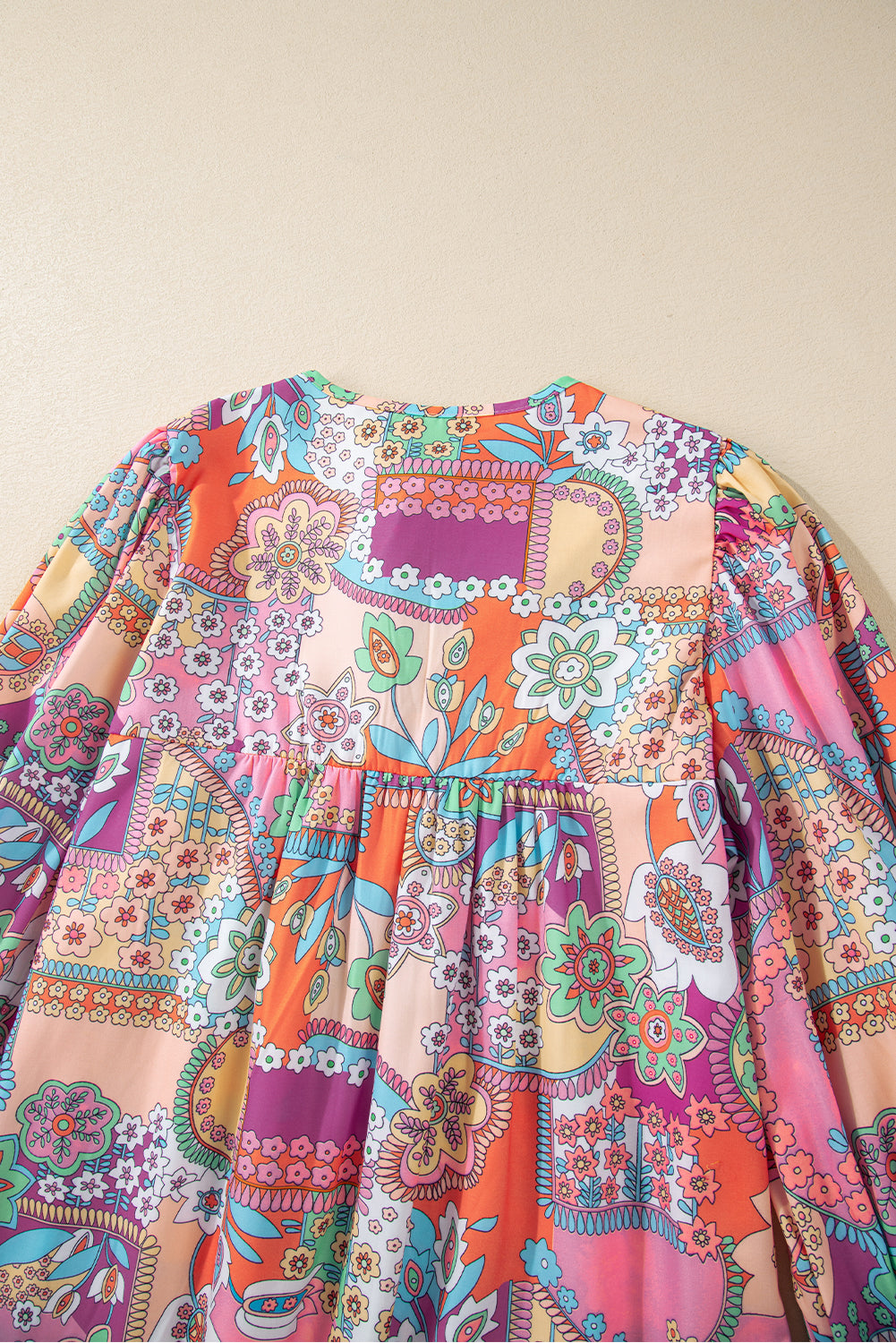 Boho Floral Bubble Sleeve Tassel Tied Neck Pleated Blouse