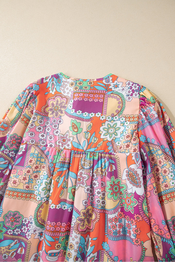 Boho Floral Bubble Sleeve Tassel Tied Neck Pleated Blouse