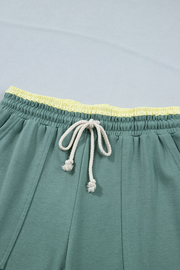 Sea Green Color Block Flower Patchwork Drawstring Contrasted Elastic Waist Wide Leg Pants