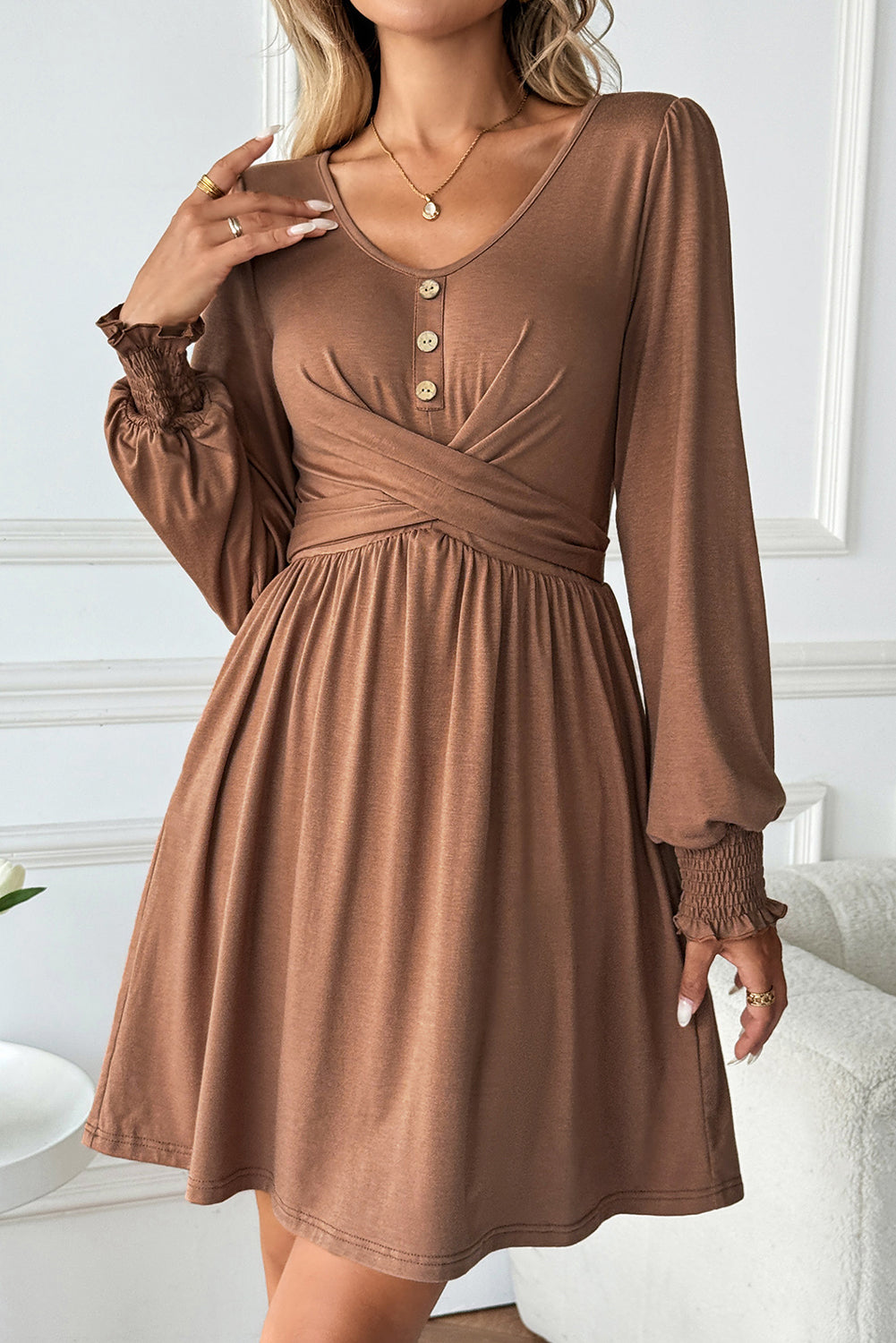 Chestnut Shirred Cuff Long Sleeve Button Mini Dress