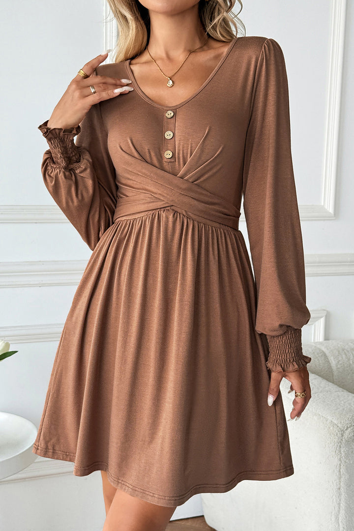 Chestnut Shirred Cuff Long Sleeve Button Mini Dress