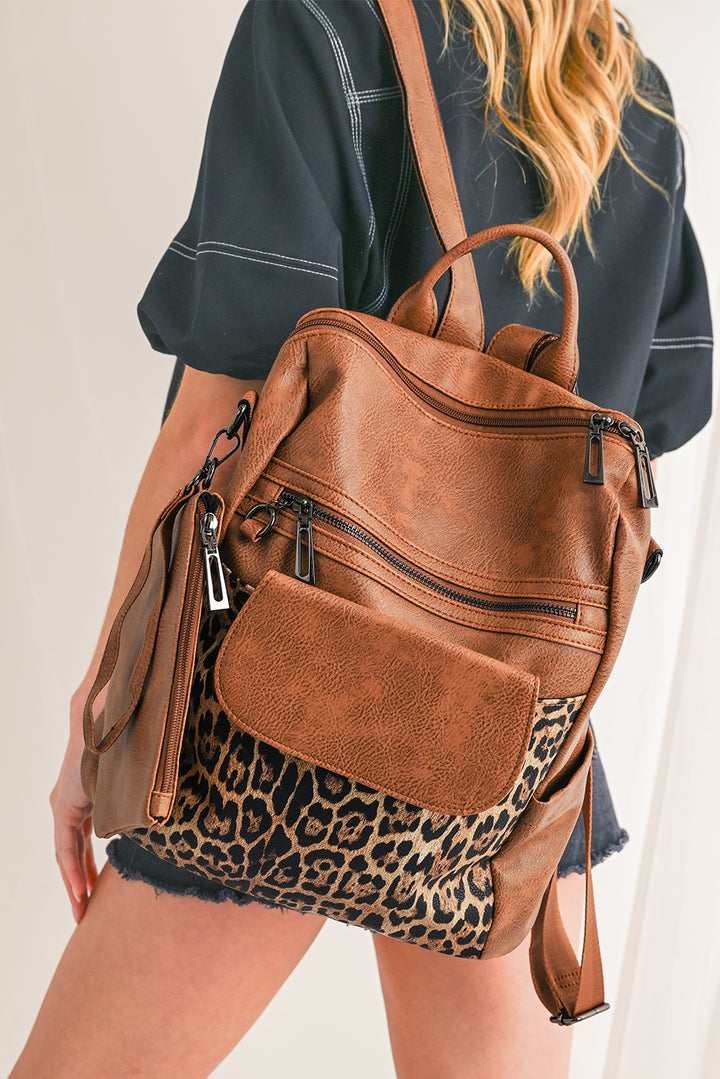 Sac à dos fonctionnel en cuir PU à motif patchwork léopard