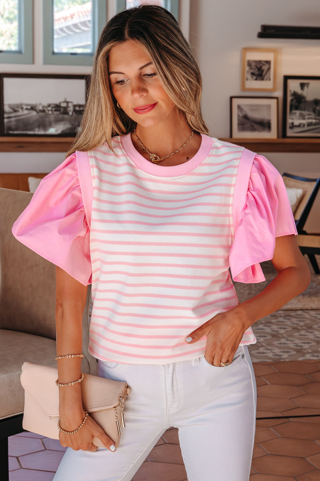 Ruffled Short Sleeve Patchwork Blouse