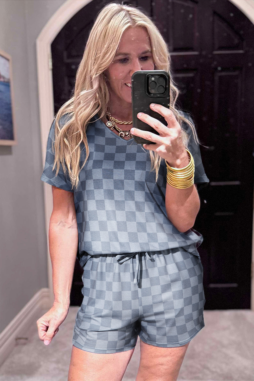 checkered v neck tee drawstring shorts lounge set 2