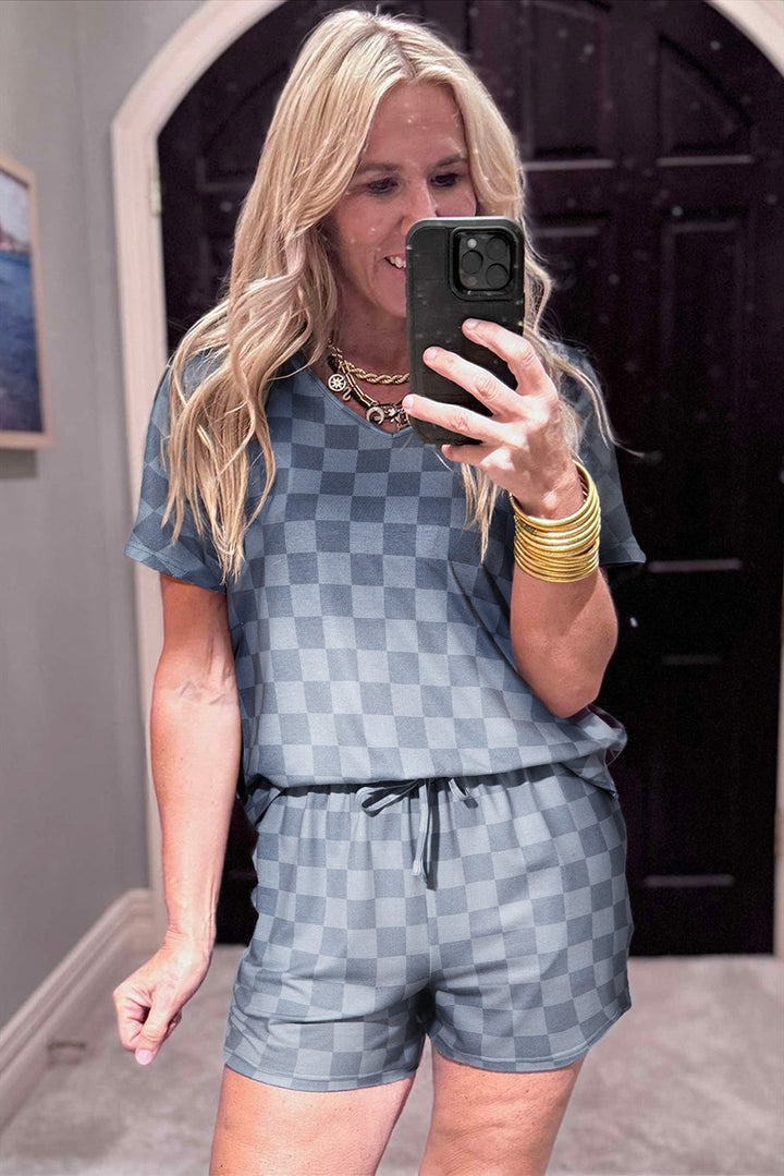 checkered v neck tee drawstring shorts lounge set 2