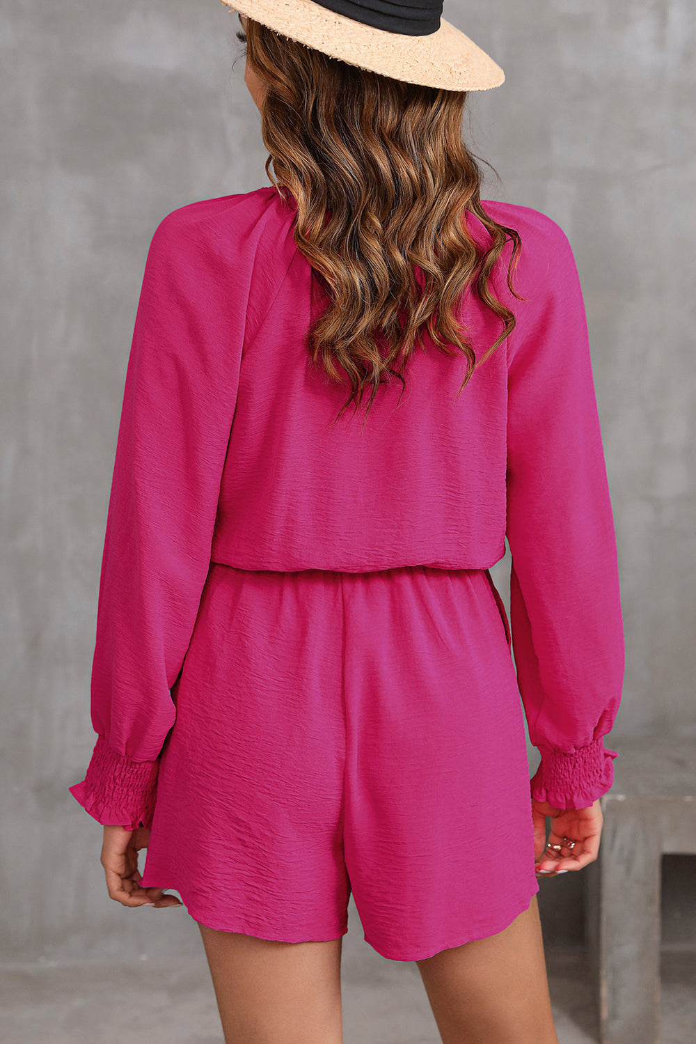 Rose Tie Knot V Neck Puff Long Sleeve Romper