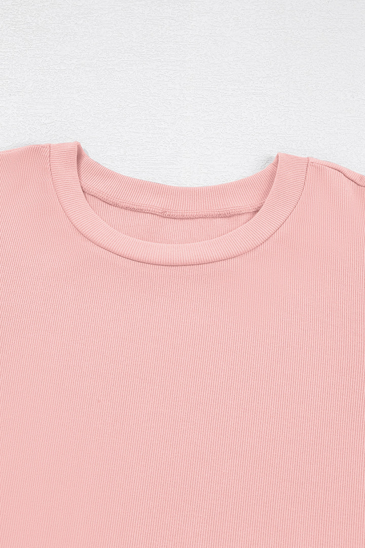 Light Pink Ribbed Pearl Beaded Puff Sleeve Top