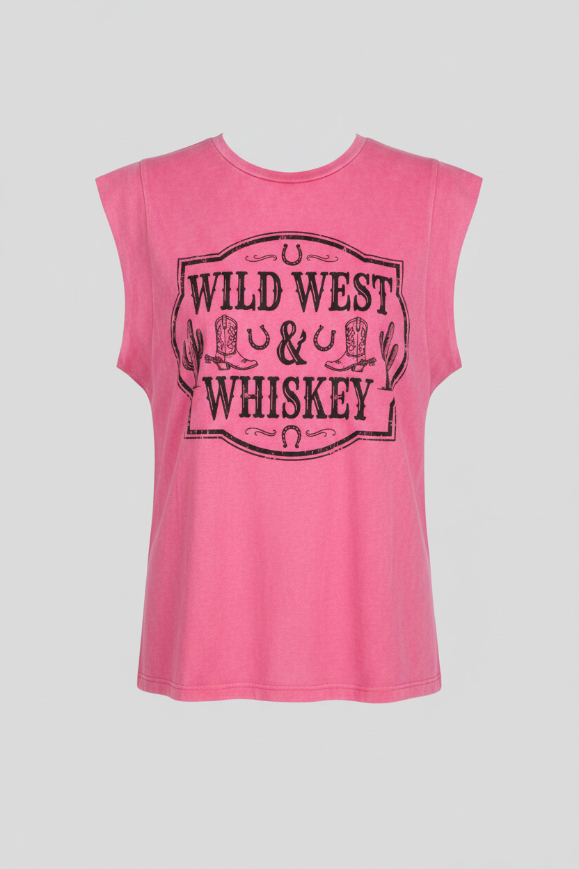 Bonbon Toner Washed Wild West Whiskey Print Sleeveless Muscle Top