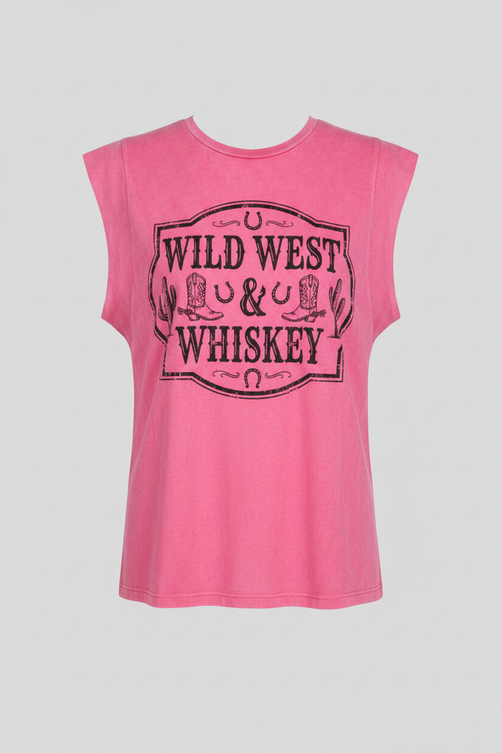 Bonbon Toner Washed Wild West Whiskey Print Sleeveless Muscle Top