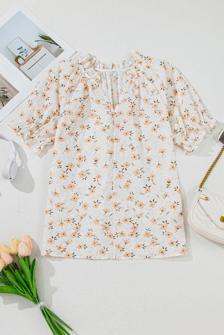 Floral Eyelet Embroidered Puff Sleeve Notch V Neck Blouse