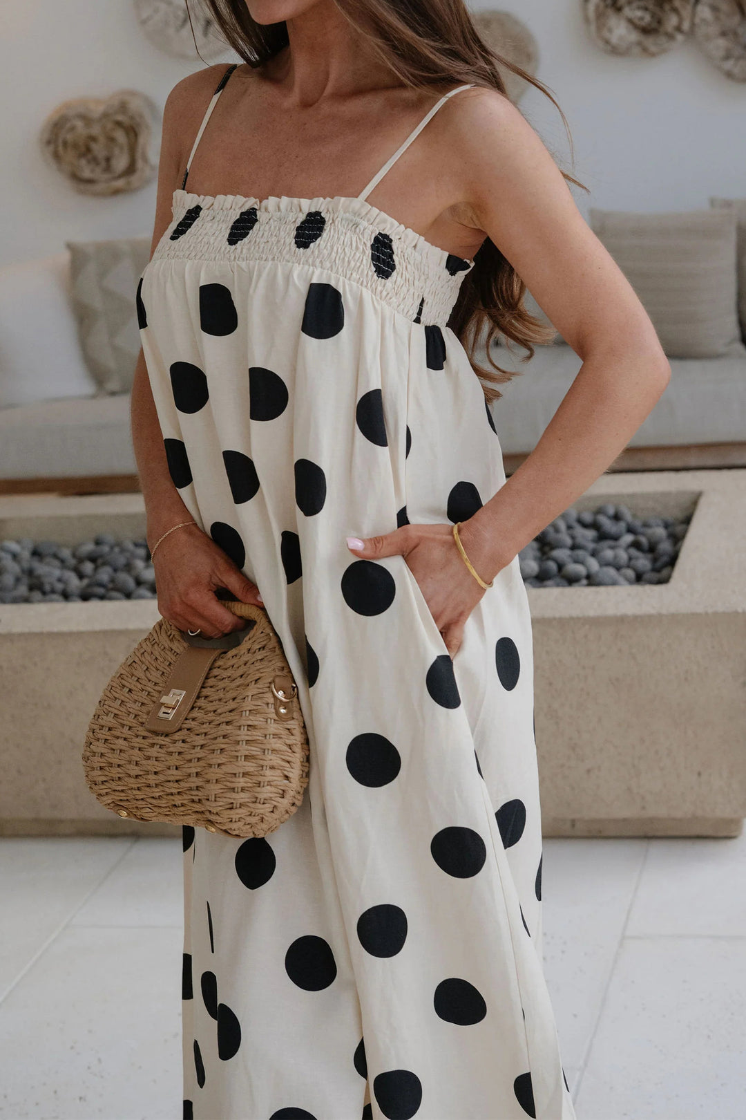 White Polka Dot Spaghetti Straps Maxi Dress