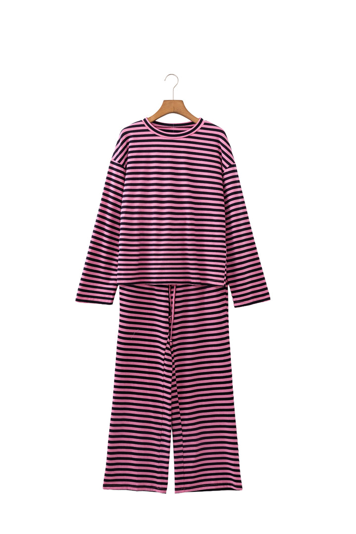 Pink Stripe Casual Long Sleeve Top Drawstring Pant Set