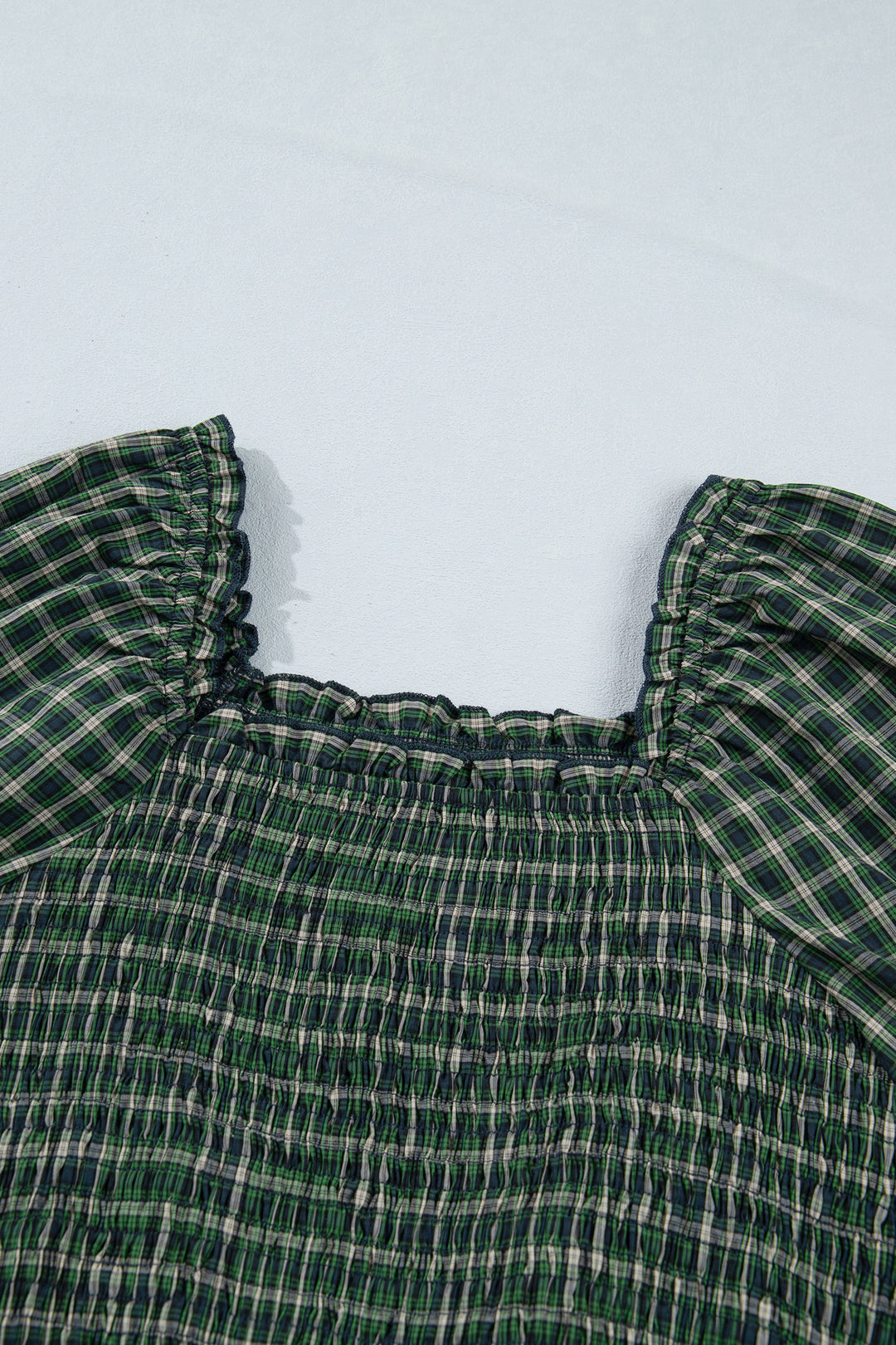 Green Plaid Square Neck Shirred High Waist Ruffle Hem Long Dress