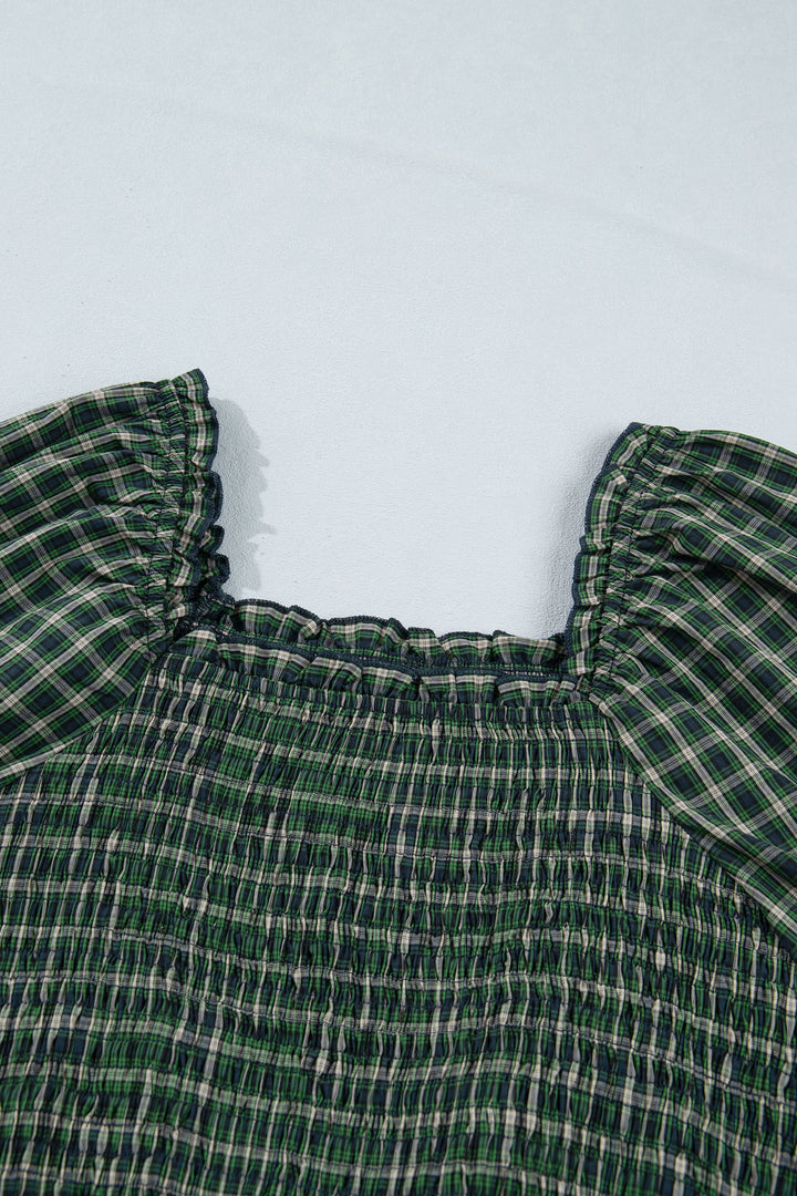 Green Plaid Square Neck Shirred High Waist Ruffle Hem Long Dress