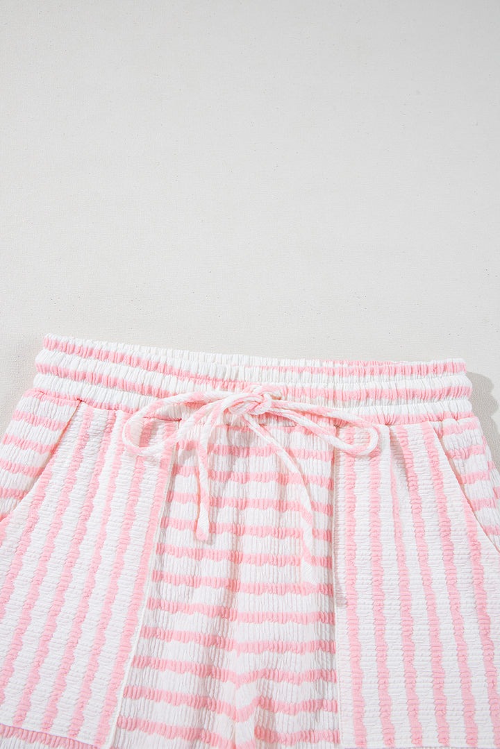 Pink Stripe Knitted Short Sleeve Top and Drawstring Shorts Set
