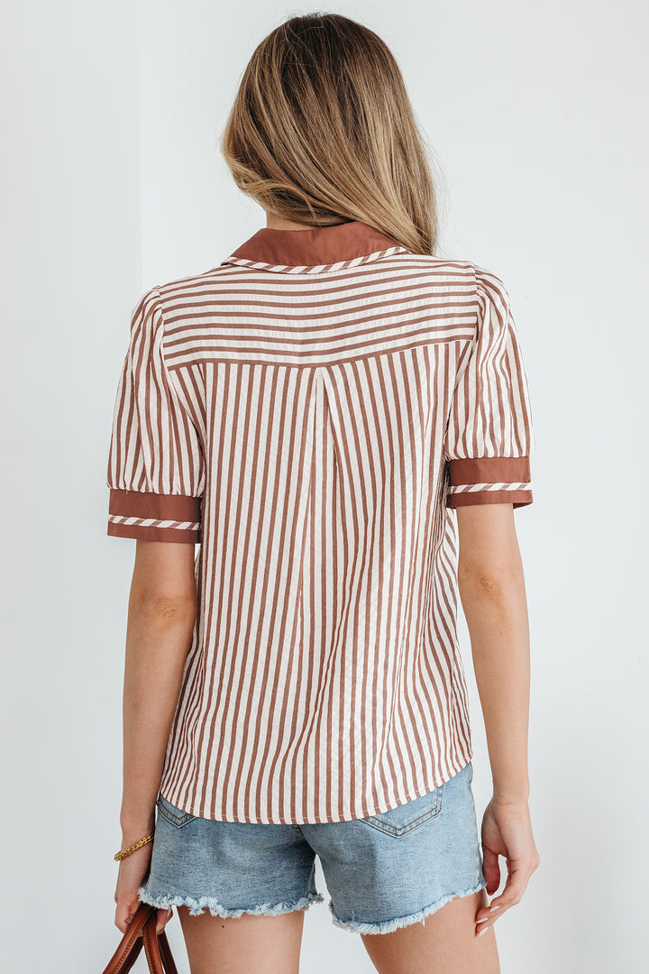 Collared Split Neck Short Bubble Sleeve Blouse