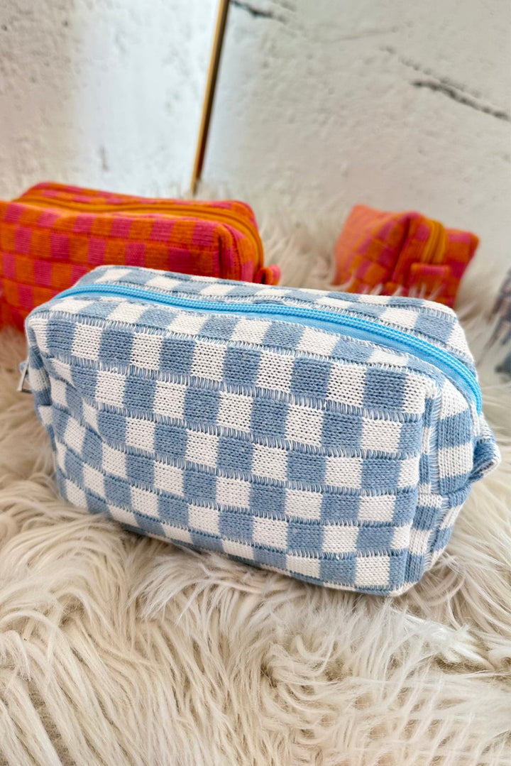 Checkered Knitted Zipper Makeup Bag