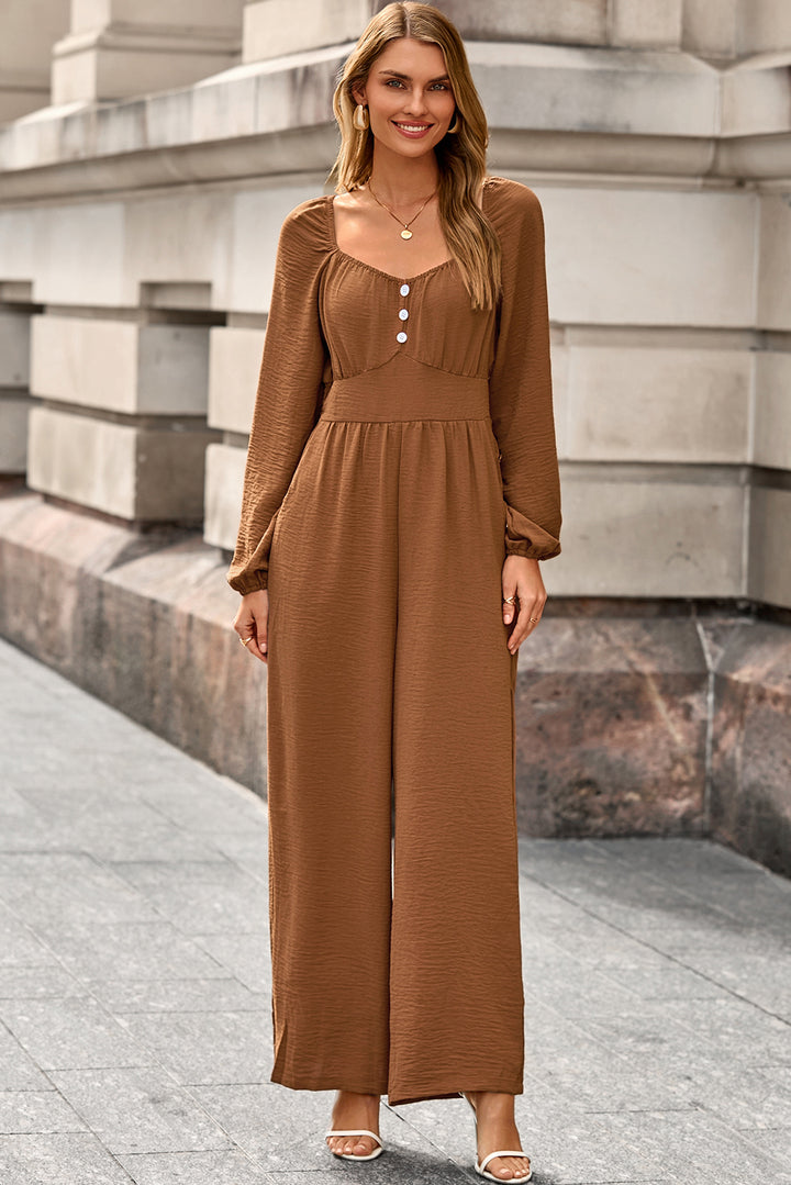 Chestnut Solid Color Long Sleeve Shirred Button Detail Straight Leg Jumpsuit