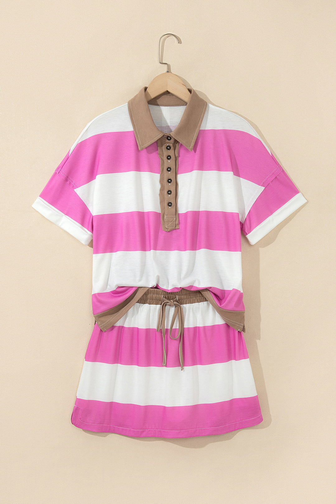 Rose Stripe Colorblock Trim Polo Tee Drawstring Mini Skort 2pcs Set