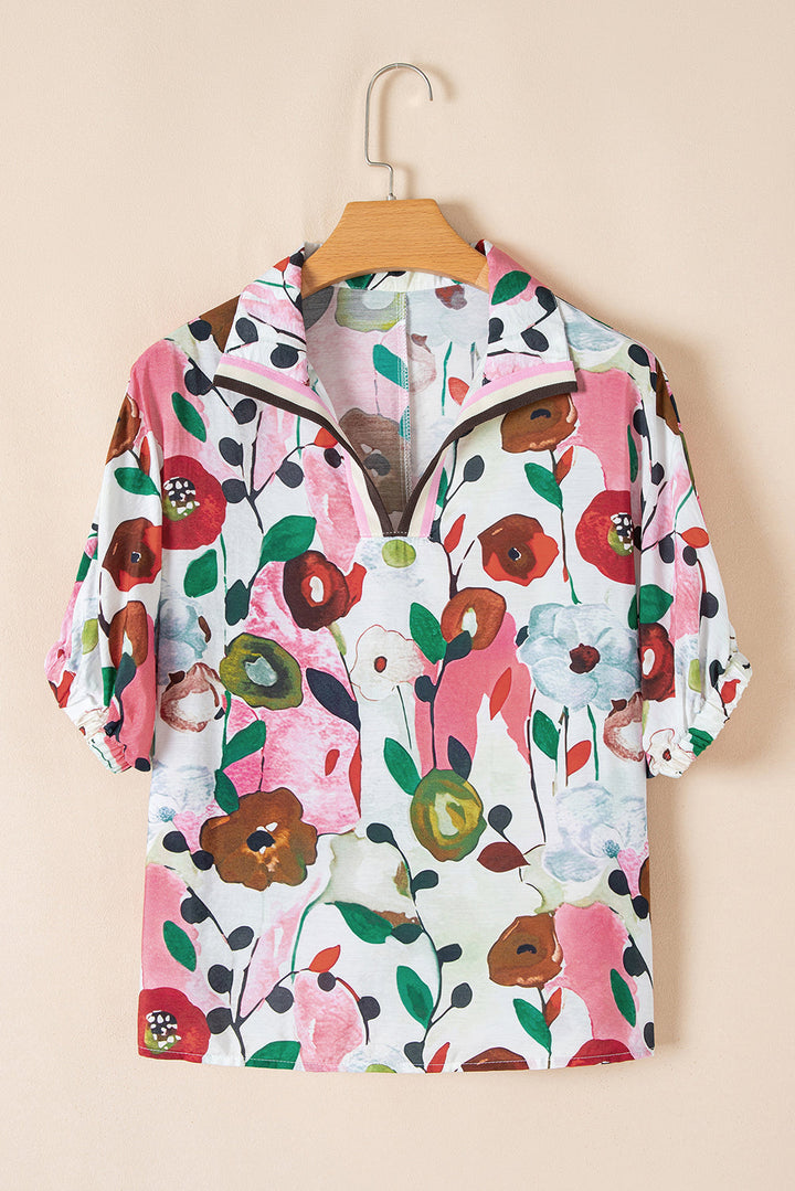 floral print slit v neck short sleeve blouse