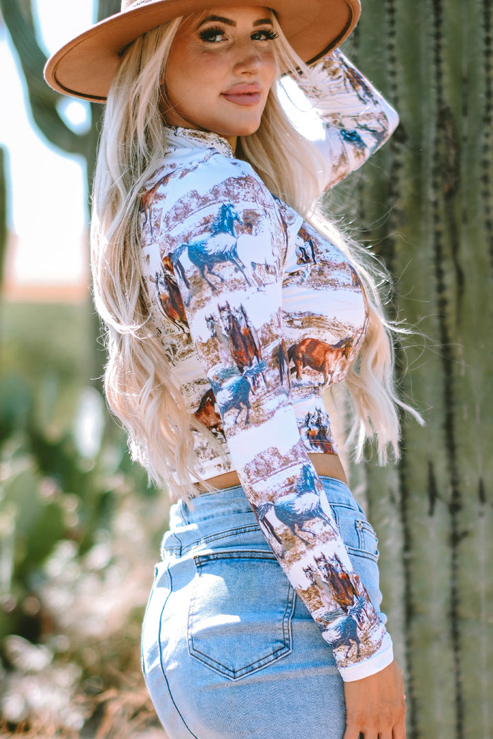 Western Wild Horses Print Hollow-out High Neck Top