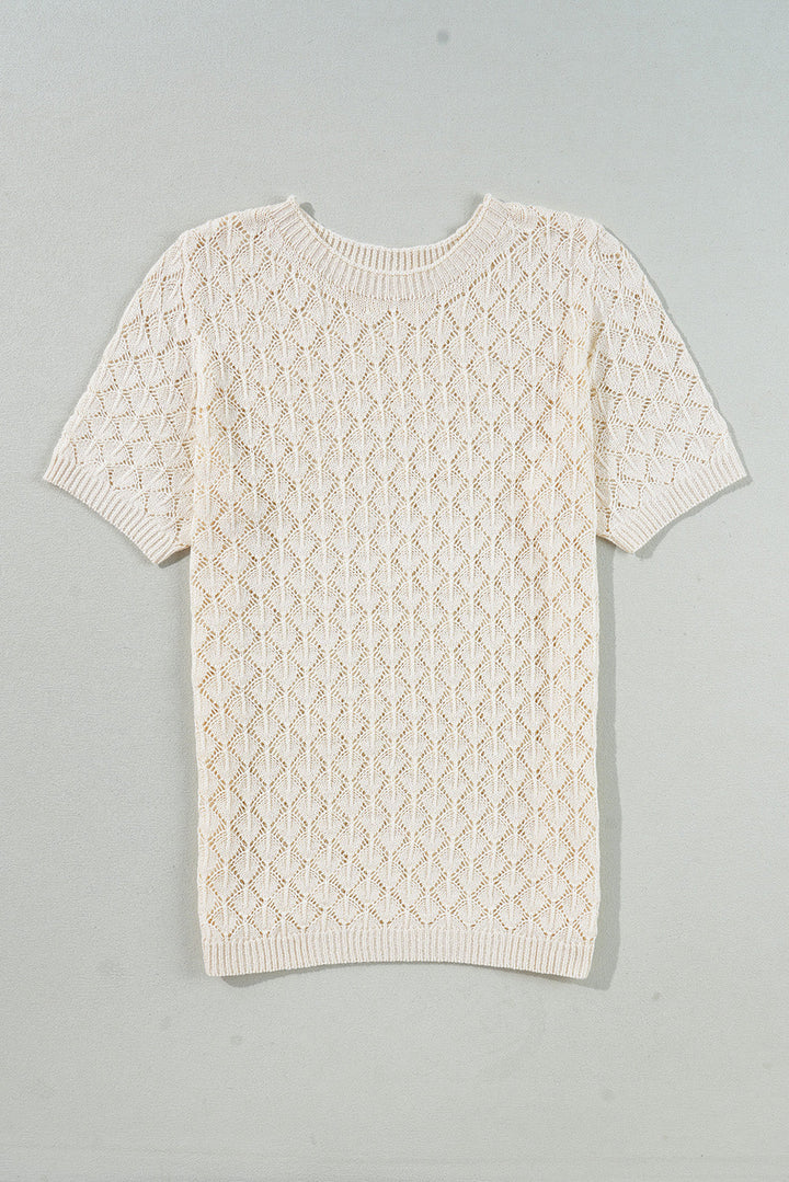 Hollow Out Crochet O Neck Short Sleeve Sweater Tee