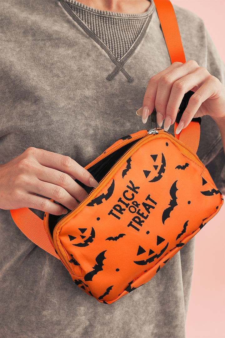 Halloween TRICK OR TREAT Bat Pumpkin Print Crossbody Bag