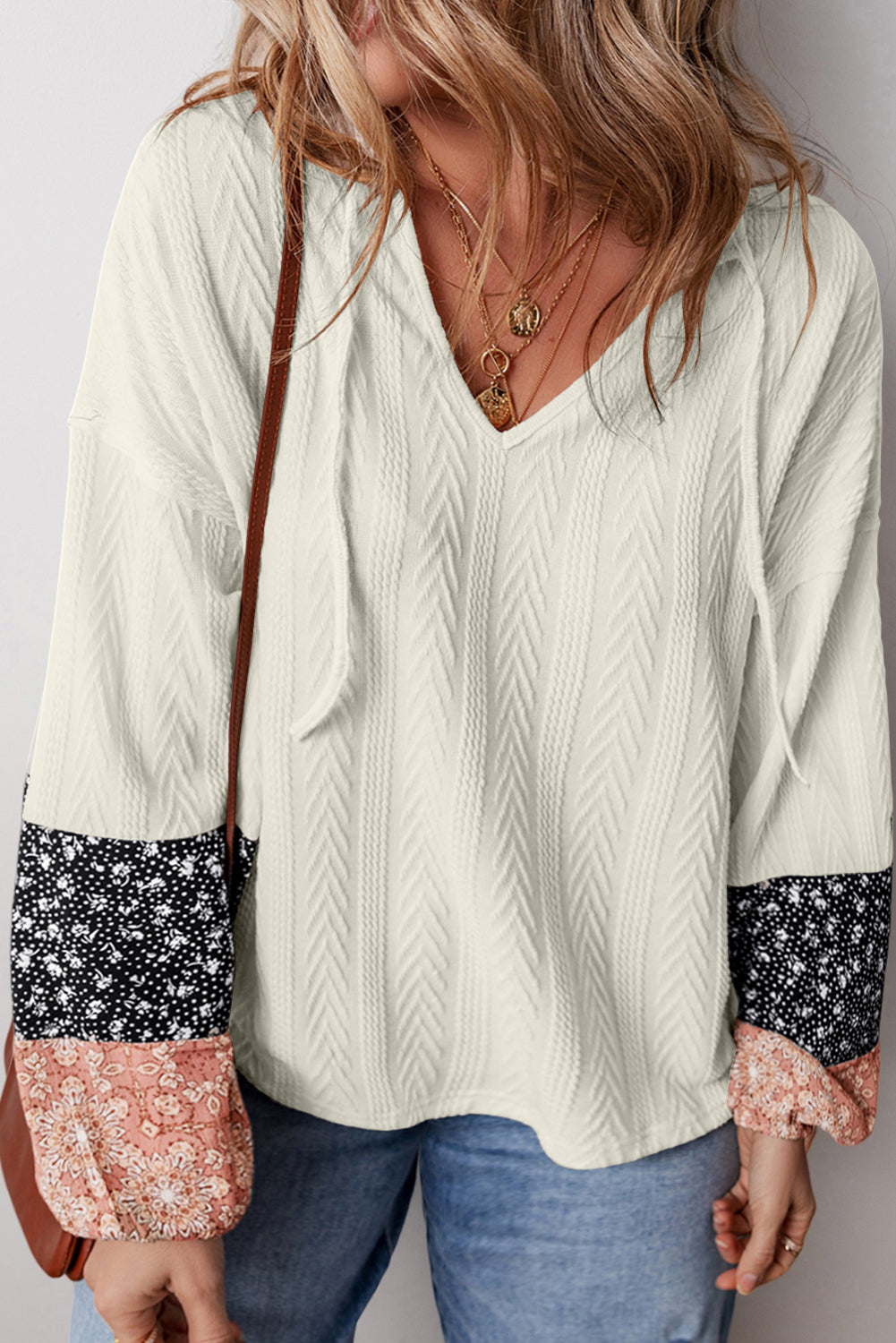 Floral Patchwork Textured Knit Drawstring V Neck Blouse