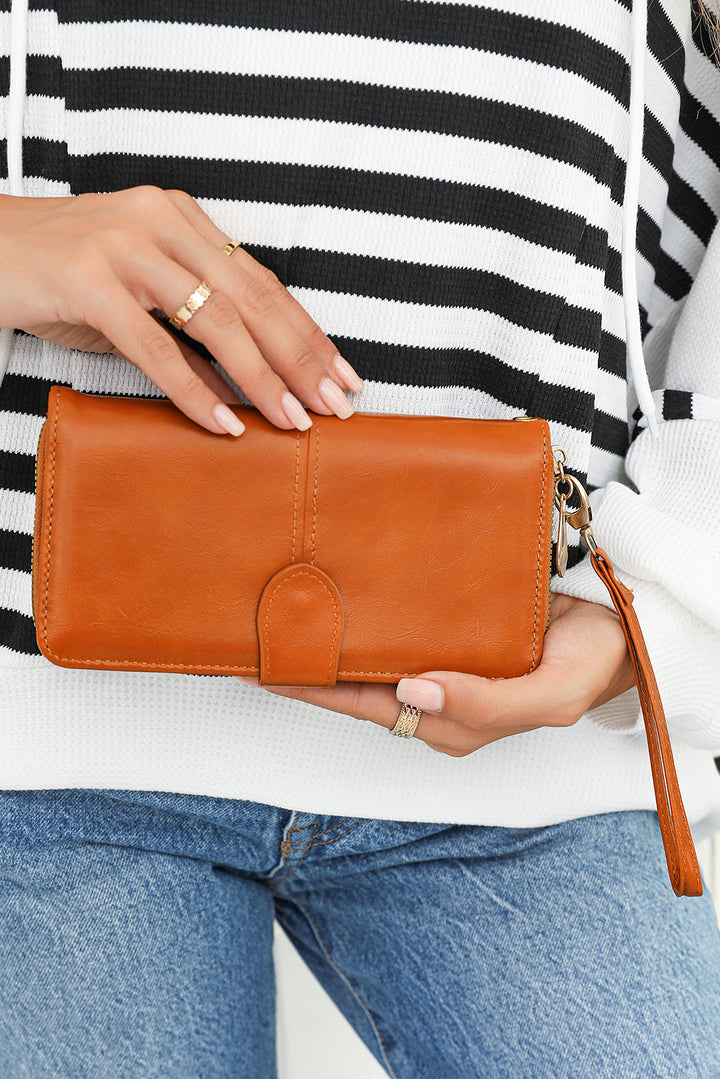 Faux Leather Zip Around Wrist Strap Long Wallet