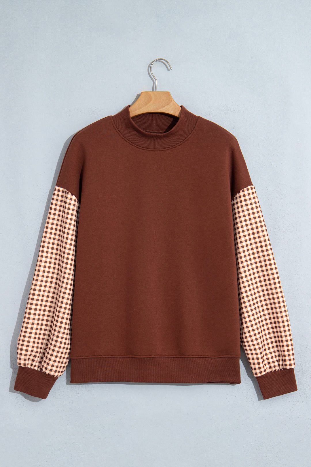 Coffee Plaid Sleeve Colorblock Loose Tunic Sweatshirt